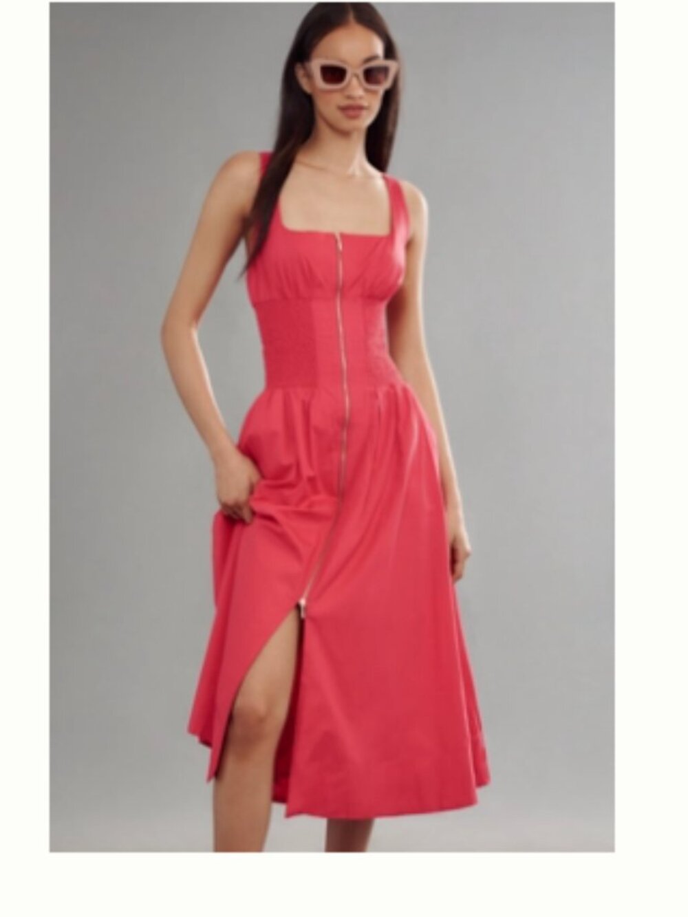 Tommie Sleeveless Scoop-Neck Smocked Front-Zip Shirt Dress XS Petite